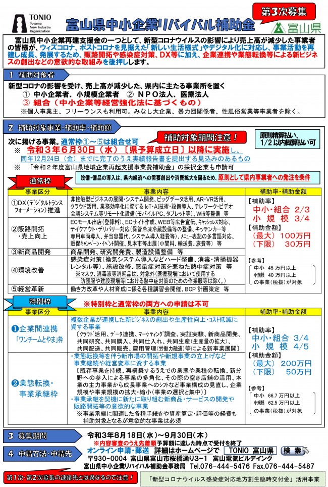 中小企業リバイバル補助金 富山県